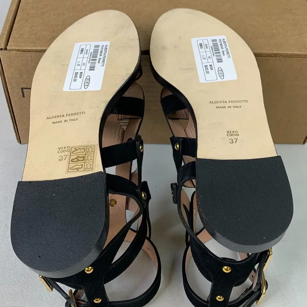 Alberta Ferretti Womens Gladiator Flat Sandal Black Suede Ankle Strap Shoes 6/37